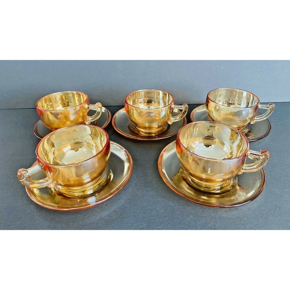 Vintage Jeanette Marigold Carnival Glass Iridescent Camellia 5 Teacups/Saucers - Picture 2 of 11